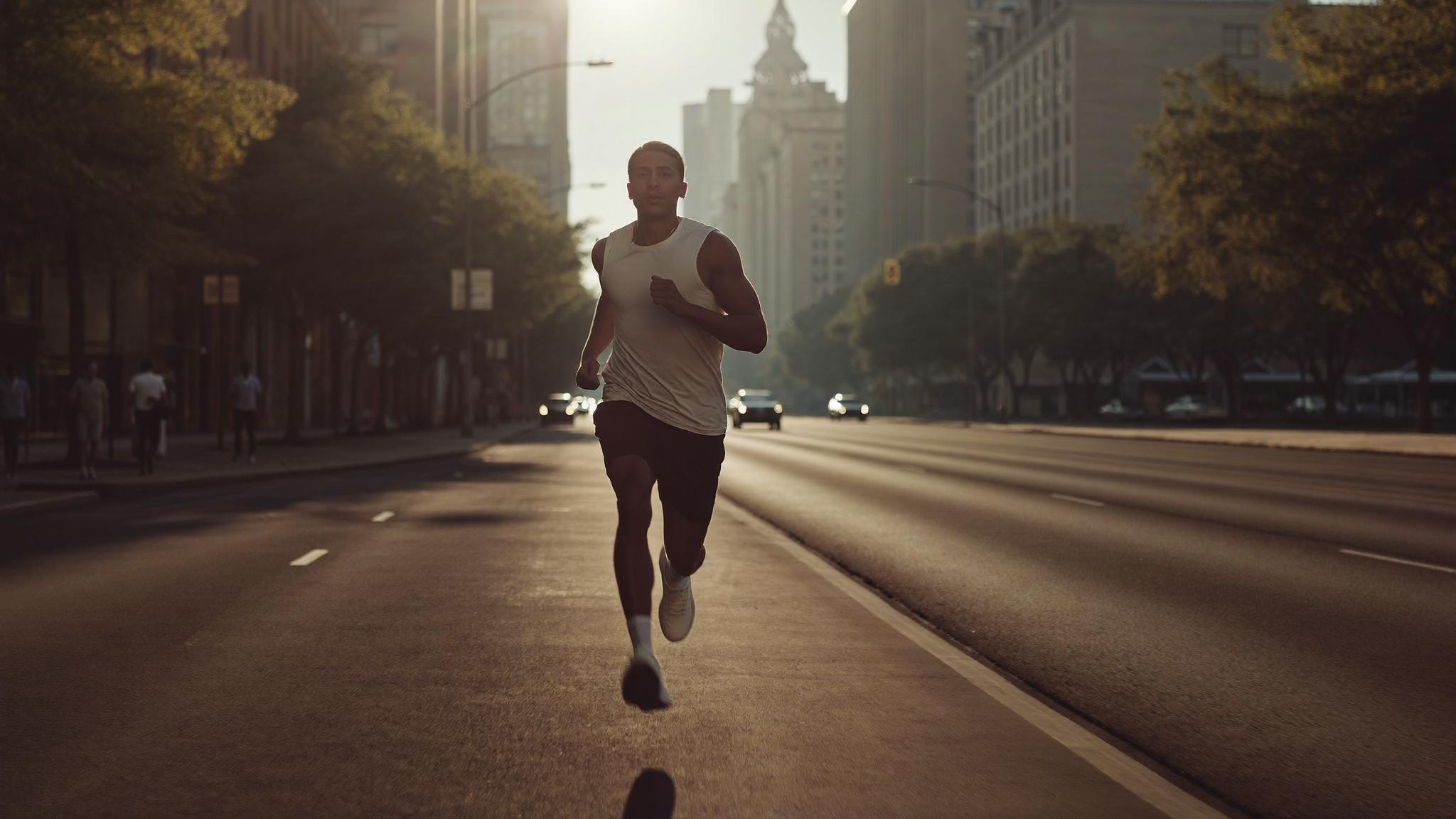 Athletic man running through a city boulevard at golden hour