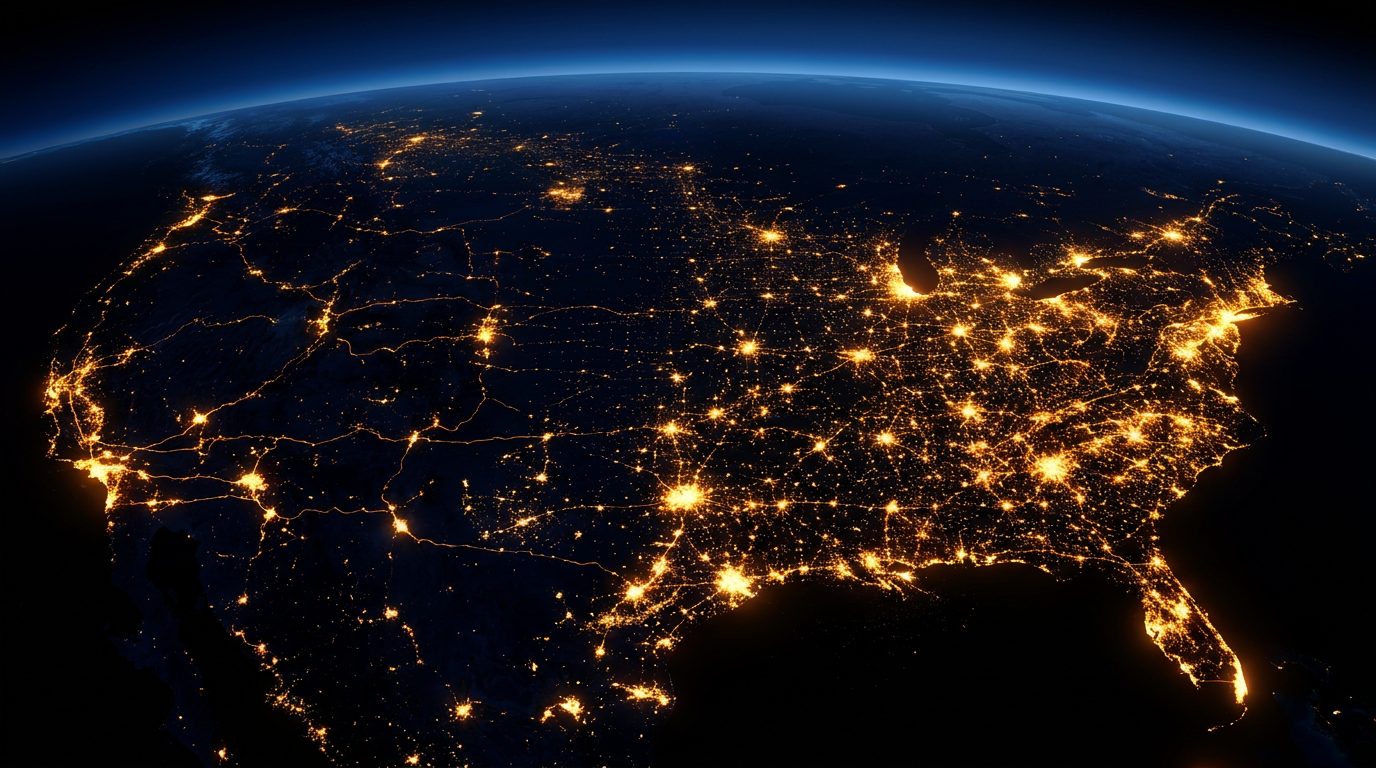 TRT Clinics by State — aerial night view of city lights across America