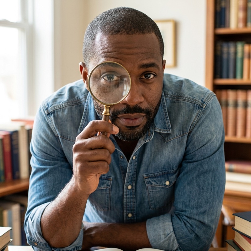 Man examining a clinic option through a magnifying glass