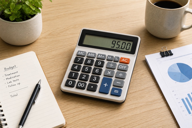 Calculator and TRT budget notebook with treatment cost breakdown