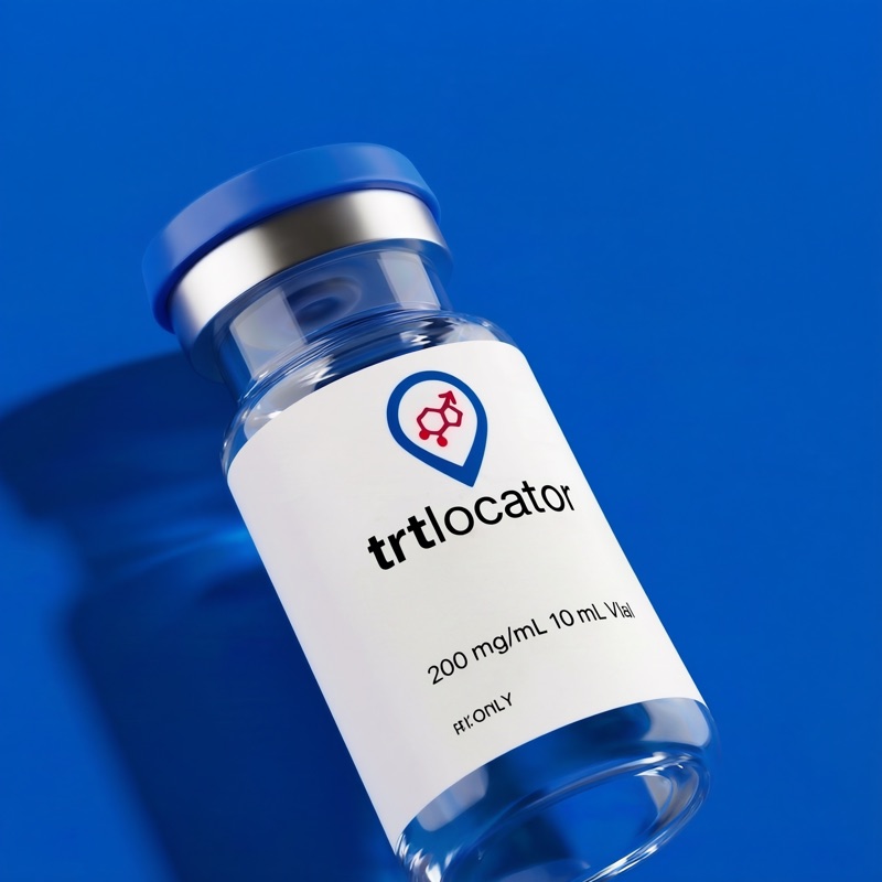 TRTlocator-branded peptide vial on a deep blue background